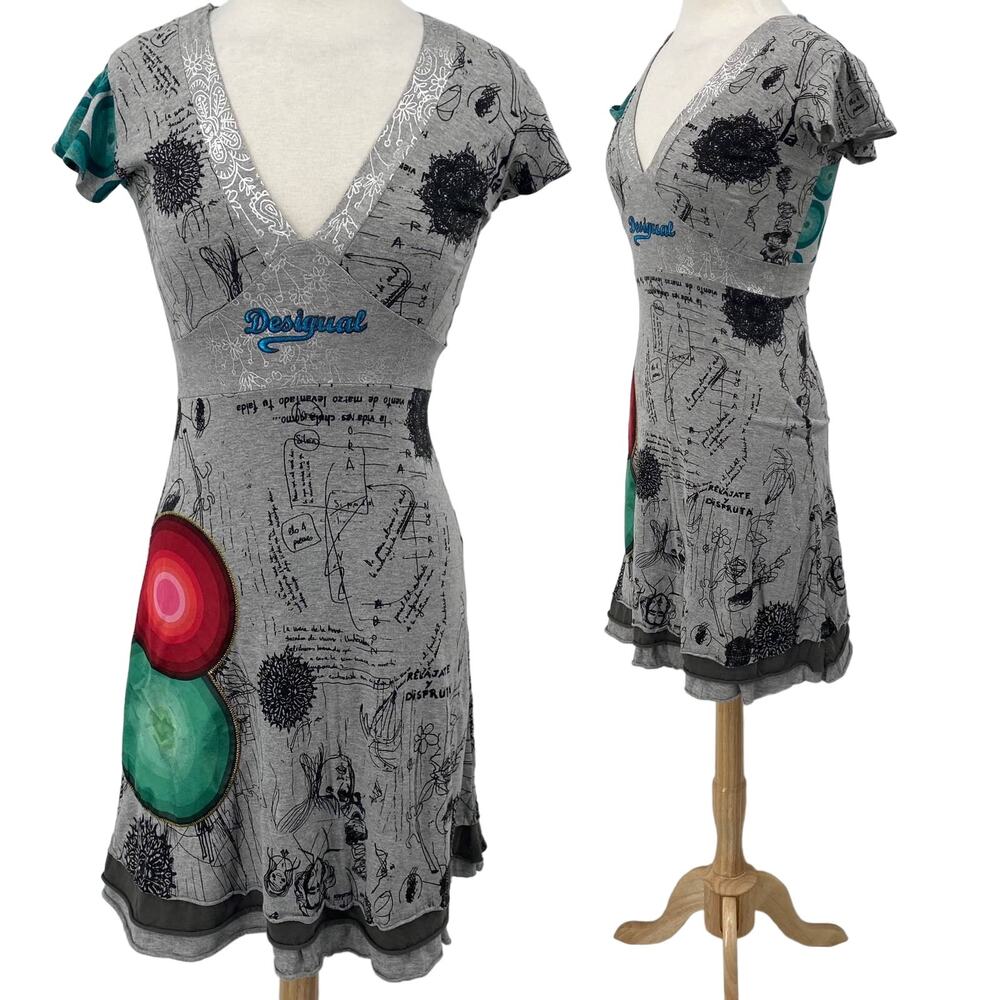 Desigual Nagore Mini Dress Sketchbook Pattern Fit & Flare V Neck Grey Womens S